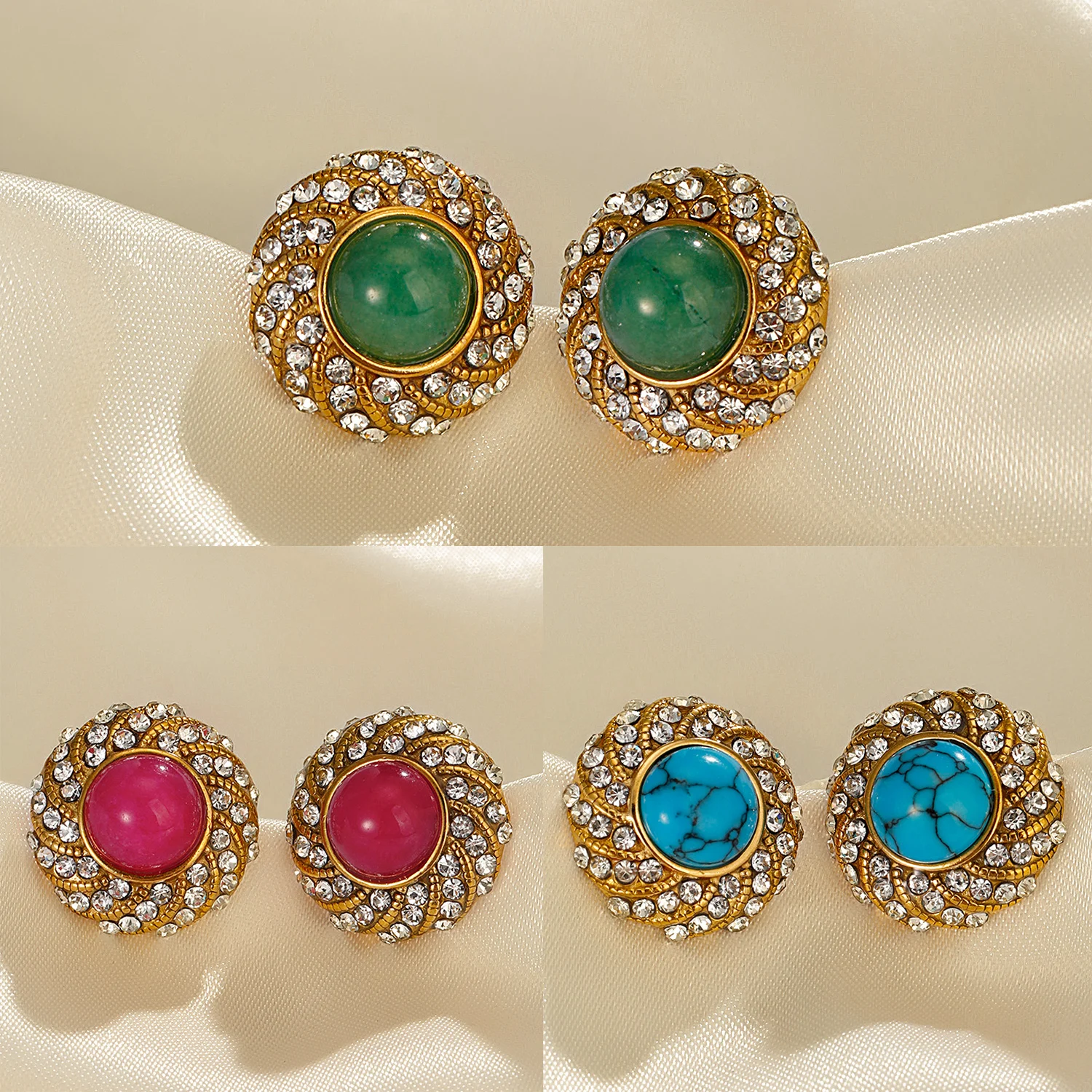 Luxury Fashion Solid Pure Real 18K Gold Diamond Jade Earrings Jewelry Women Ladies Female Bridal Engagement Wedding Earrings