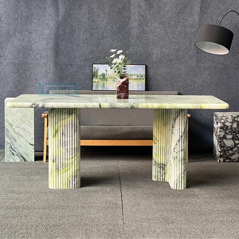 Elegant 6 Seater Recharge Top Natural Green Marble Dining Table Coffee Table With Marble Leg For Livingroom
