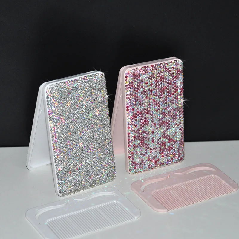 Luxury Rhinestone Travel Portable Folding Mirror With Hair Brush Pocket Hair Comb Mirror