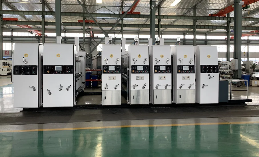 High speed PLC automatic corrugated cardboard flexo paper printer pizza carton box printing diecuttingslotting packaging machine