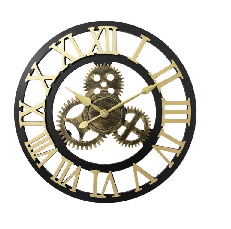 Handmade All Normal Size Vintage European Style Black and Gold Silent Large Industrial Gear Creative Rustic 3d Wooden Wall Clock
