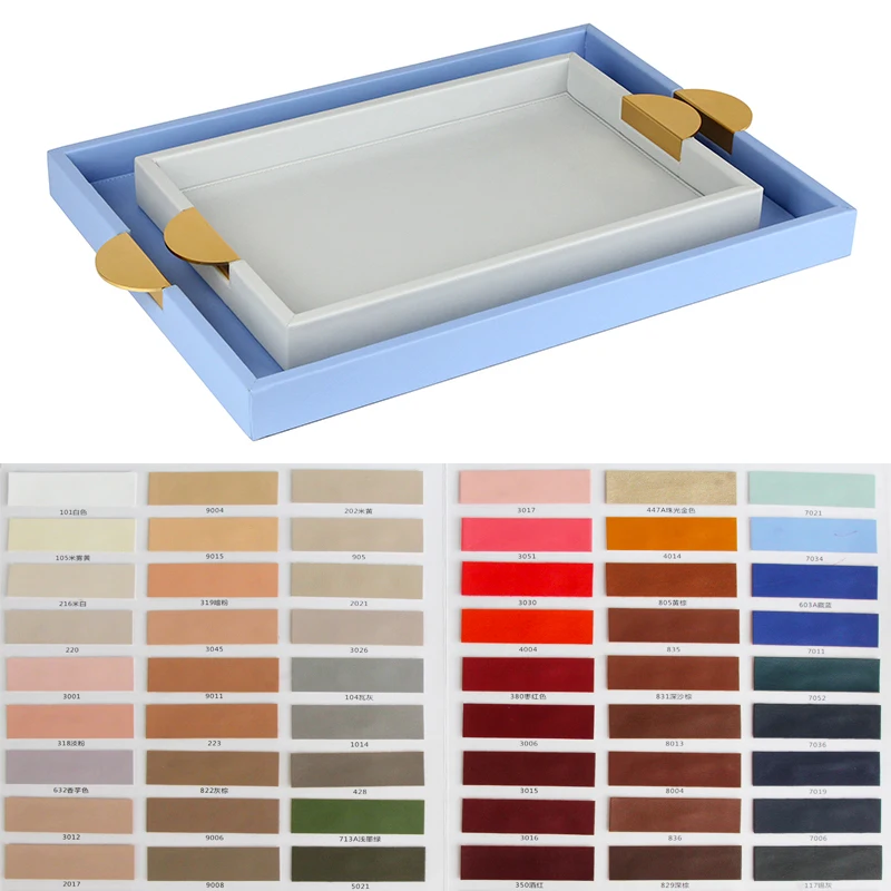 Decorative blue faux leather trays set of 2 serving trays with semicircular handles