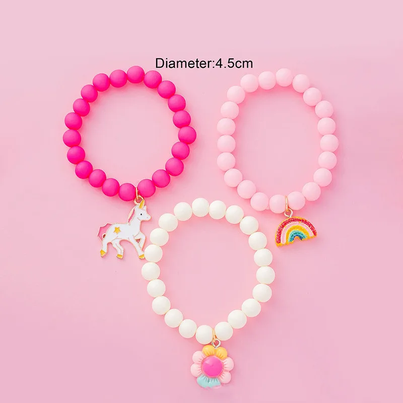 Hot Sale Handmade Pink Acrylic Beads Bracelet Set Cute Cartoon Resin Flower Rainbow Gold Enamel Unicorn Charm Bracelets
