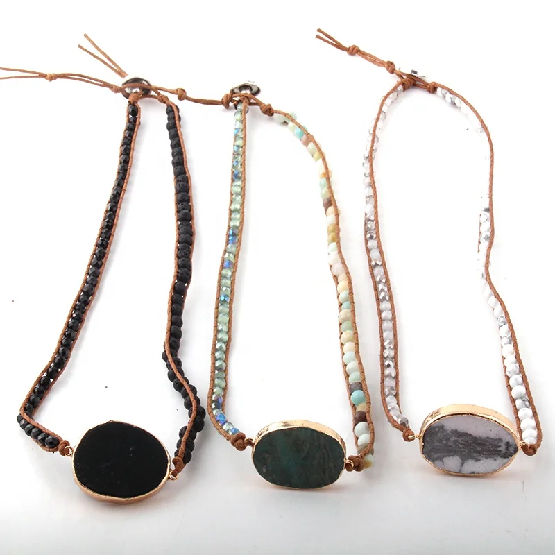 Fashion Women bracelet Handmade Natural Stone glass beads bracelet 3 row Men Leather Wrap Bracelet Dropship