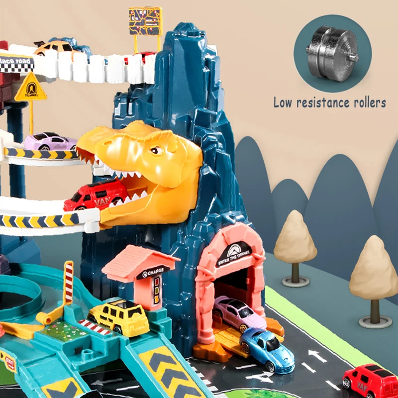 Wholesale kids creative electric sound and light car parking lot track parking building breakthrough big adventure rail car toys