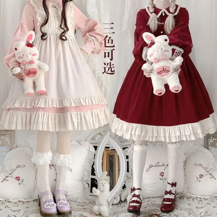 Lolita Dress Wholesale Retor Daliy Ruffle Women Anime Dress Cute Long Sleeves Sweet Girl Pink Lolita Op Dress
