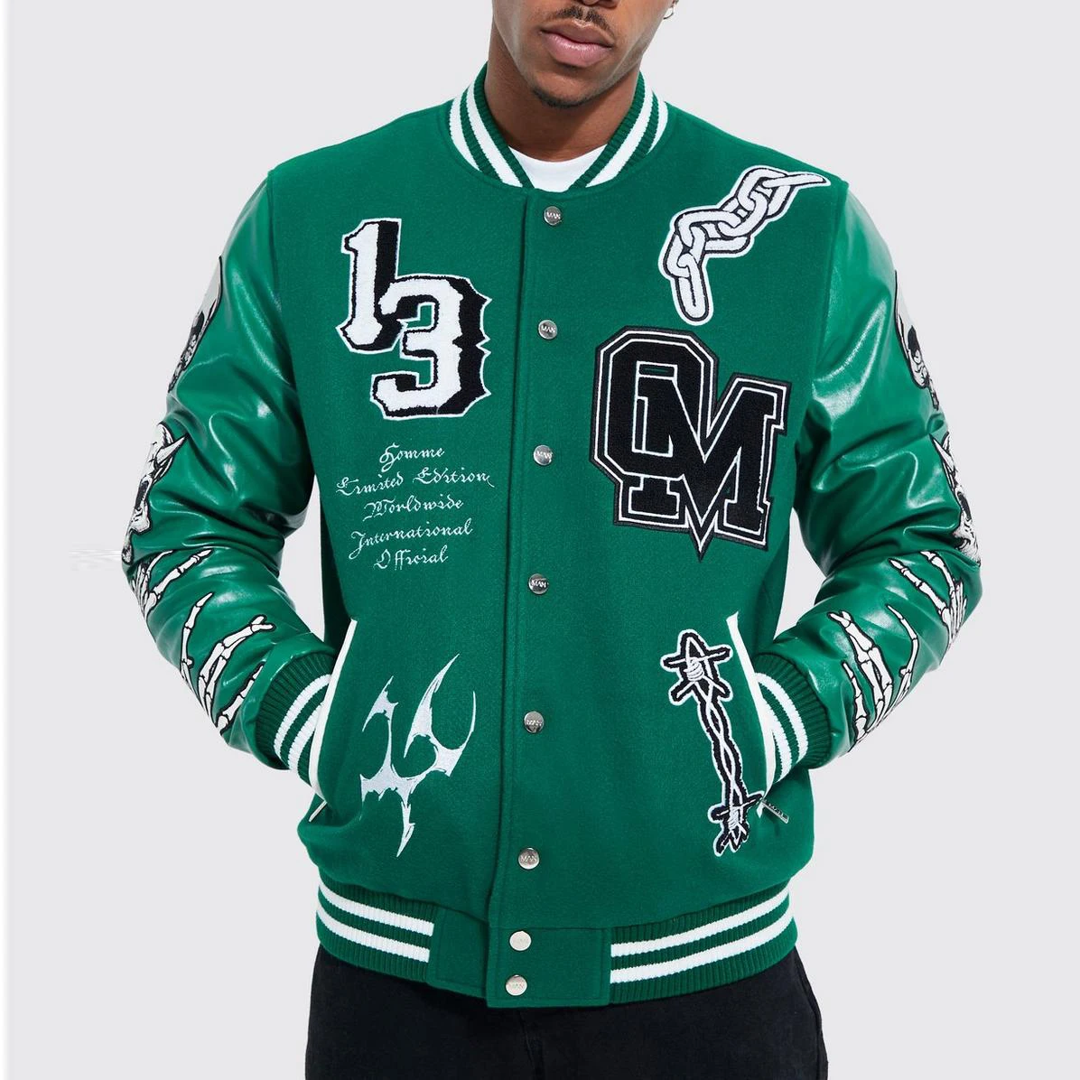 new arrival college varsity jacket green logo pu leather bomber varsity jacket for men