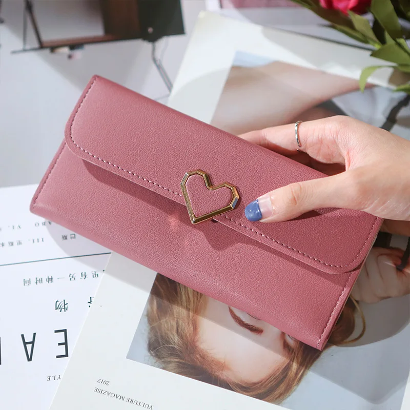 Wholesale Women New Fashion Korean Clutch Bag Lady PU Candy Color Heart 3 Fold Money Card Holder Purse