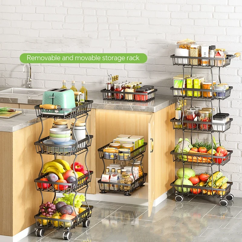 Allogogo Auxiliary Trolley With Wheels Fruit And Vegetable Storage Trolley Removable 4 Tier 5 Tier Non-slip Feet Metal Basket