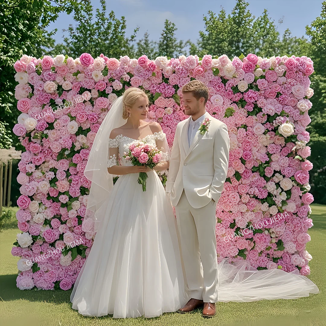 High Quality 8x8 Roll Up Silk Floral Panel Custom 3D/5D Pink Artificial Rose Flower Wall Backdrop Wedding Decoration Background