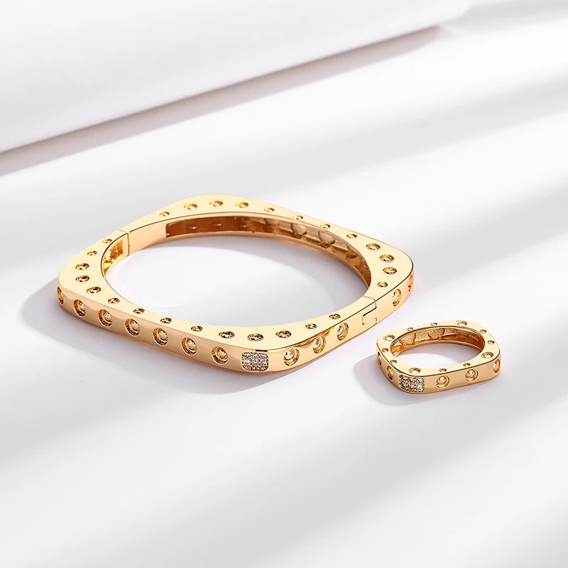 New style Square bracelet jewelry high quality Zircon plated 18k real gold brass  bangle jewelry set