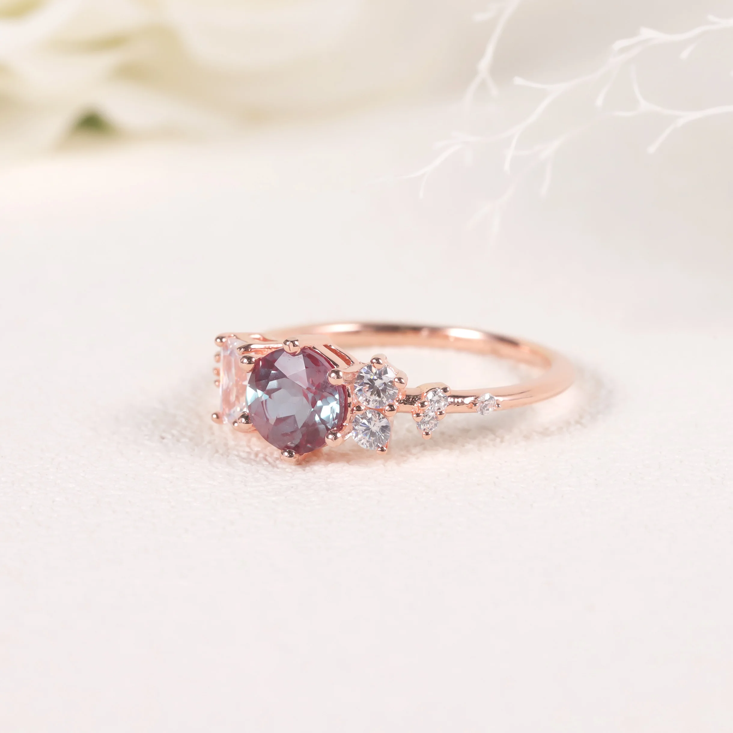 OL1004 Competitive Pricing 14K Jewelry Round 6mm Alexandrite Moissanite Diamond Solid Gold Dainty Finger Rings for Girls