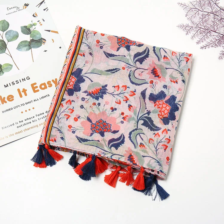 New colorful print floral long shawl tassel scarves women vintage viscose cotton scarf