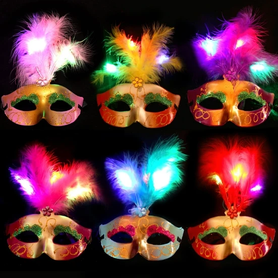 Party Led Mask With Feather For Wedding Props Gold Shinny Masquerade Masks Promotion Costume Cosplay