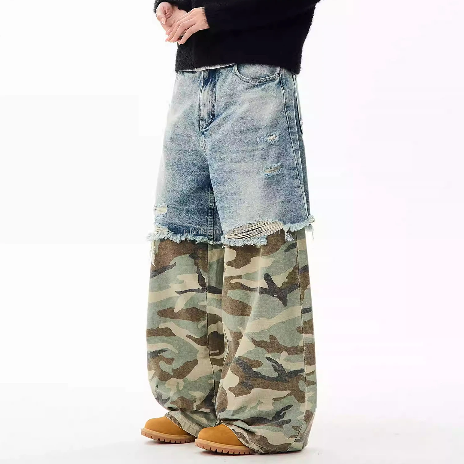 Custom camouflage denim pants trousers bottom torn wash camo double layer 2 in 1 jeans for men