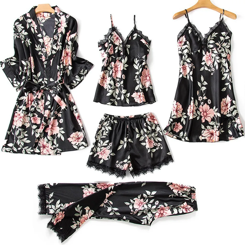 High Quality  Ladies Satin Silk Like Sleepwear Robe Set 5pcs Set Custom Solid Pyjamas SetFor Women Robe Fille