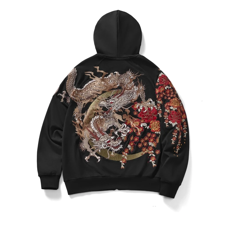 Custom Logo FNJIA 100% Cotton Dragon and Phoenix Design Embroidered Sweatshirt Hoodie Oversize Streetwear Style Men Hoodies