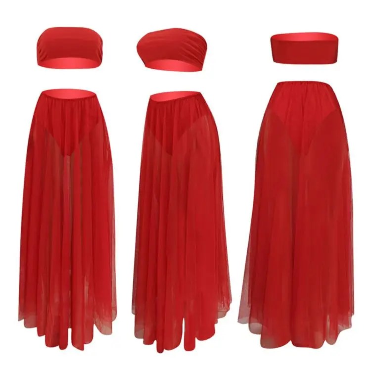 
0320M037 Solid Mesh Tube Top 2021 Summer Sexy 2 Pcs Dress Outfits Long Maxi Skirt And Top Two Piece Set Women Clothing For Women 