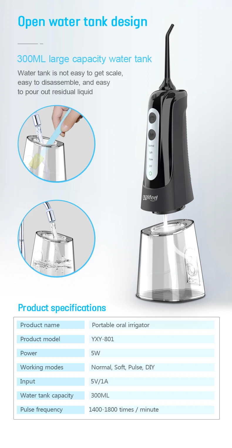 Unifeel  Portable Water flosser dental oral irrigator Ipx 7 Waterproof USB Rechargeable Dental Teeth Cleaner For Teeth 300ml