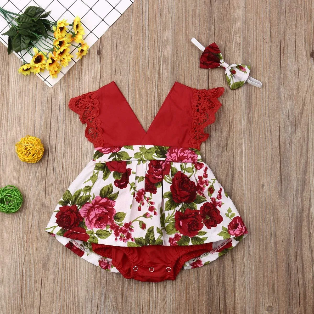 Baby clothing flower print pattern rompers with bowknot headband summer cute dress for baby girl