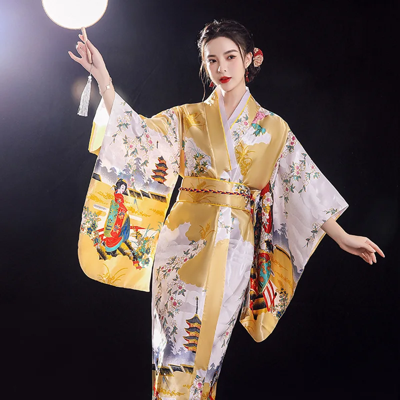 Woman Lady Japanese Tradition Yukata Satin Kimono With Obi Flower Vintage Evening Dress Cosplay Costume One Size