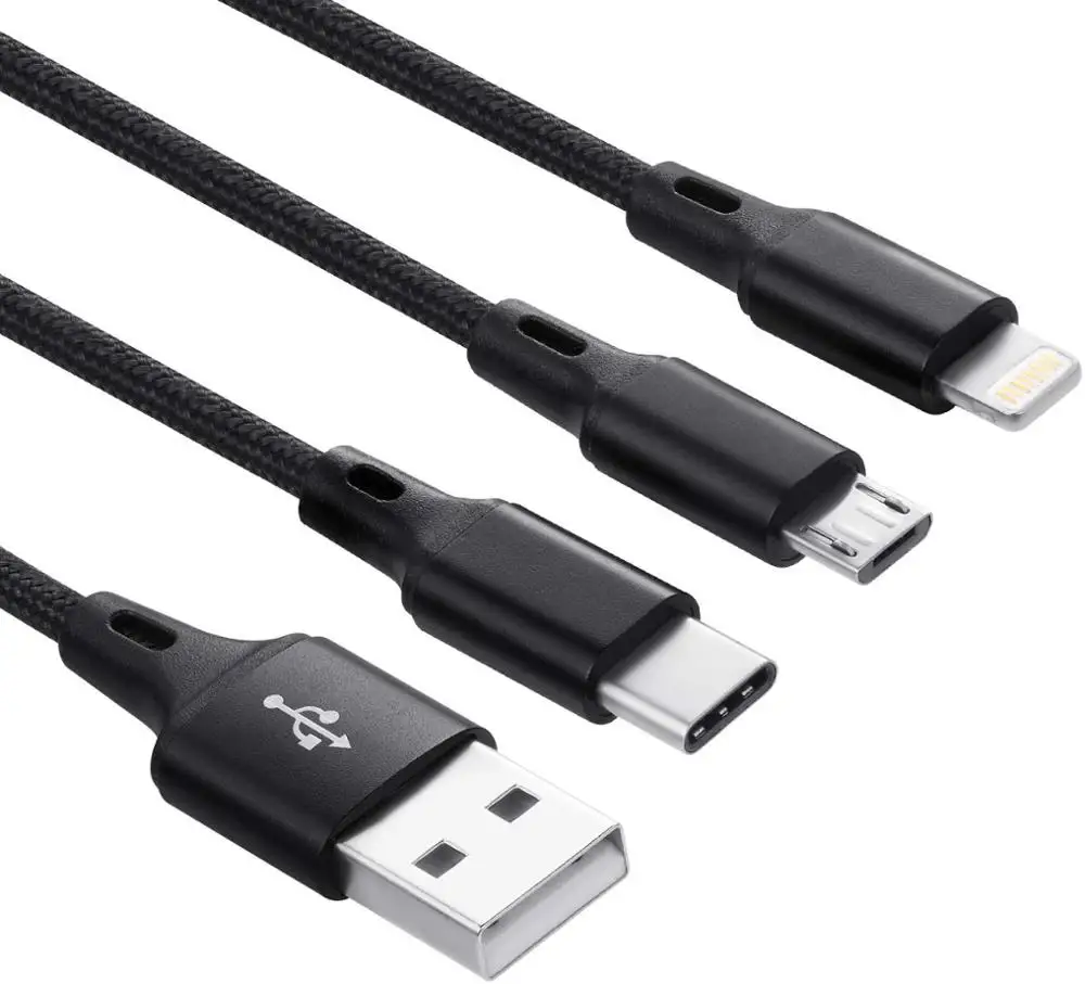 Lighting/MicroUSB/Type C Cable 3 in 1 Multi USB Charging Short Travel Size 8 Inch Keychain Cord for Samsung Galaxy