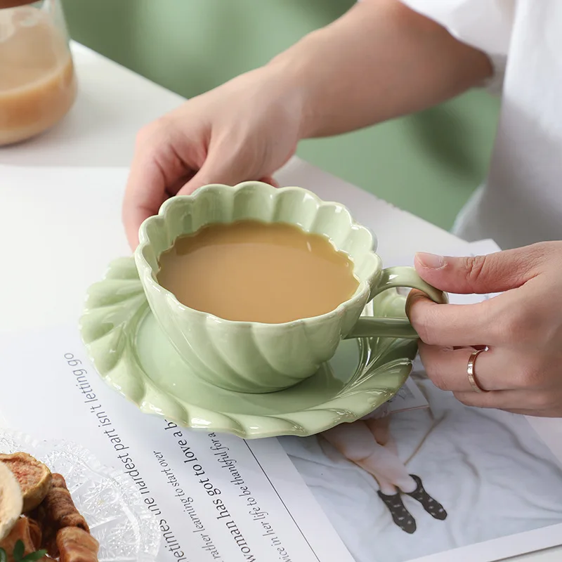 ins Korean Simple Lace Petal Edge Luxury Afternoon Tea Ceramic Coffee Cup And Saucer Set