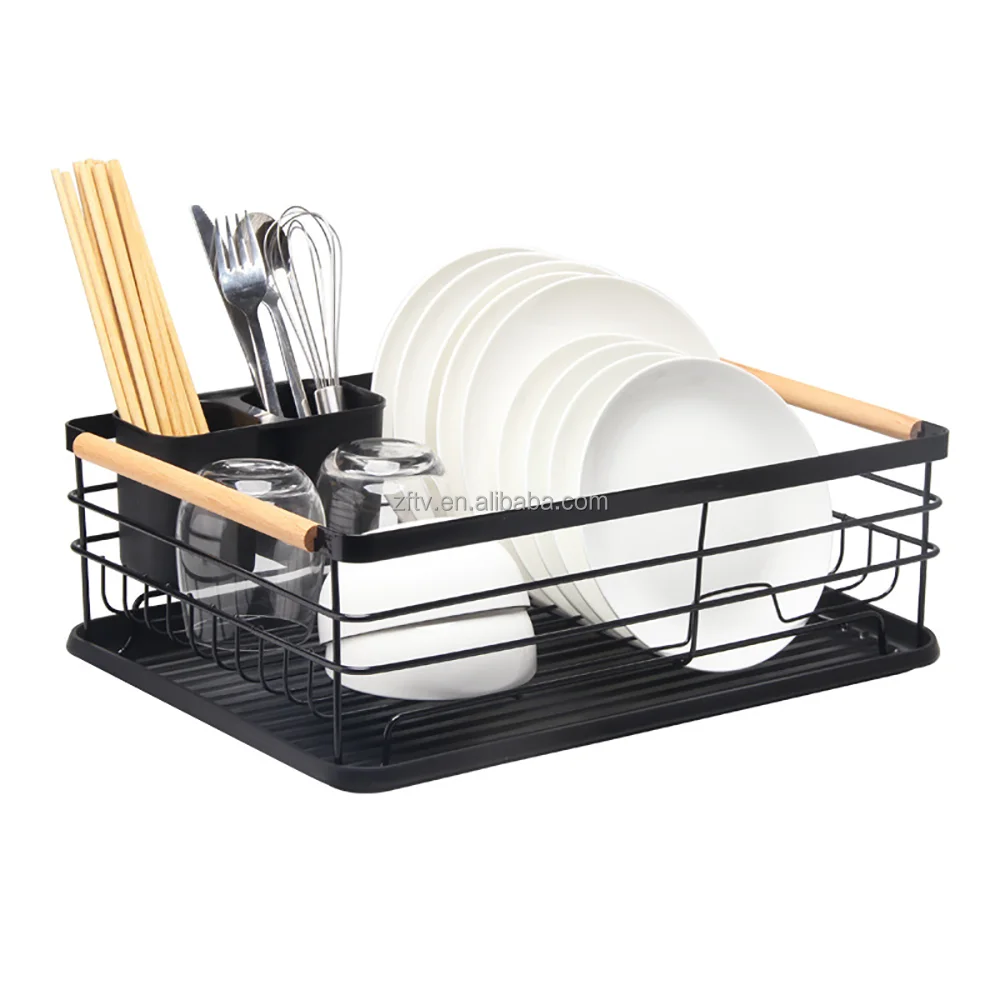 Kitchen Dish Drainer Drying Rack with Drip Tray and Full-Mesh Silverware Storage Basket, Black,White