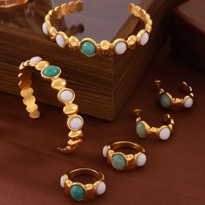 Gold Plated Stainless Steel C Shape Oval Azurite White Jade Natural Stone Cuff Bangles Bracelets Stud Earrings Ring Jewelry Set