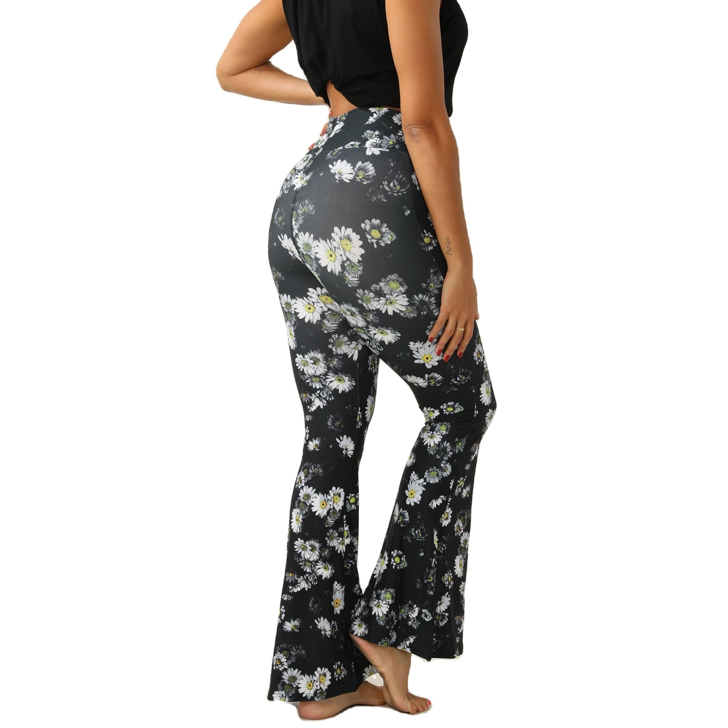 Basic Daisy Black Prints Ultra Super Soft Four Ways Stretch Pants Fashion Women Unique Designs Bottom Bell Leggings Flared Pants