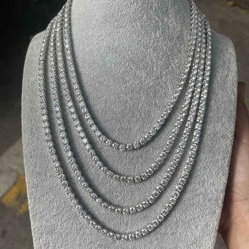  Hip Hop Vvs Moissanite Necklace 925 Sterling Silver 18' White Gold 4MM Tennis