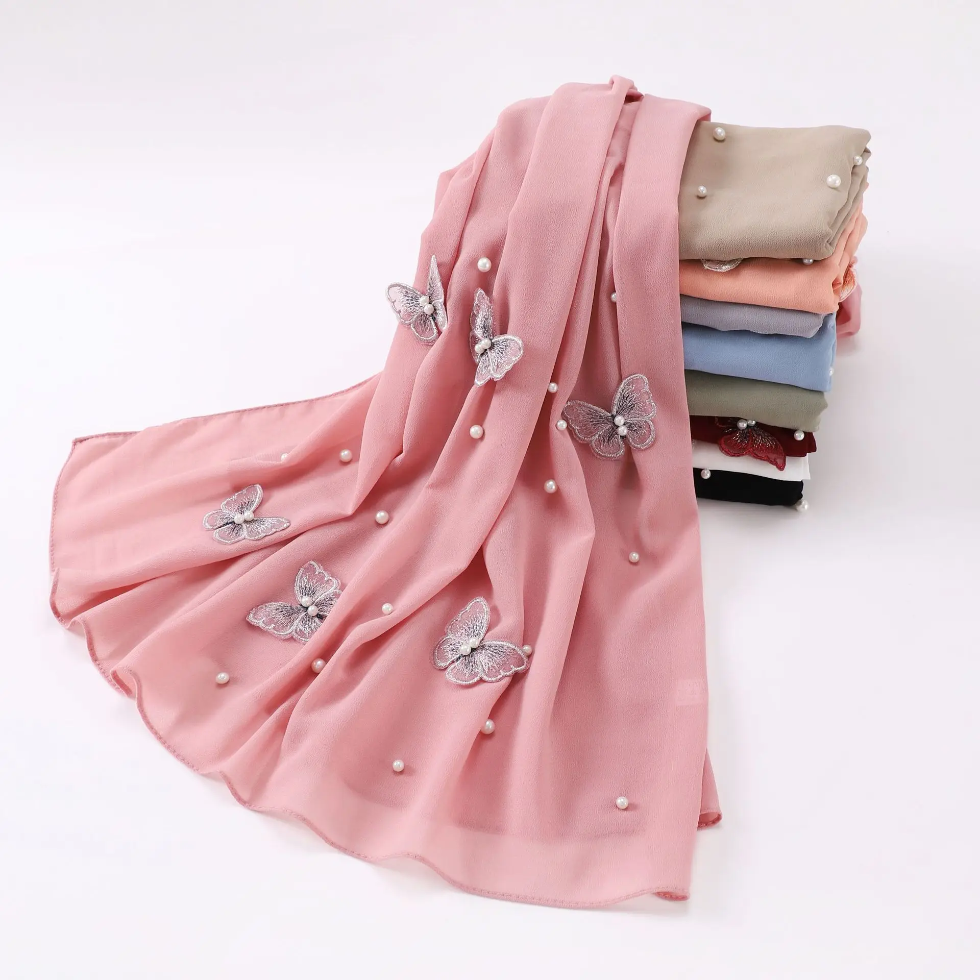 Fashion Muslim Hijabs Shawl Scarf Women Pearl Chiffon Three-dimensional Butterfly Studded Scarf Ethnic Gauze Headscarf