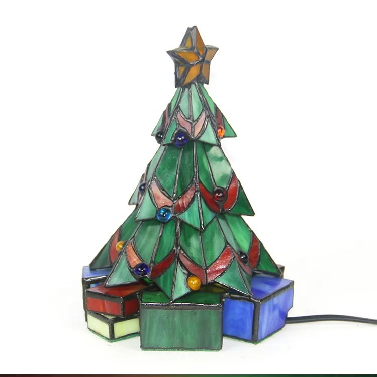 LongHuiJing Custom Made Hand Crafted Stained Glass Leaded Christmas Tree Lamp 9Inch Tall Tiffany Style