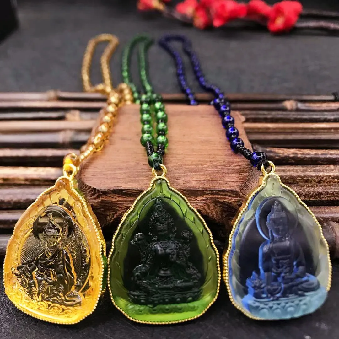 Chinese Dragon Zodiac Goldfish Buddha Jade Color Pendant Carved Flower Gods Sculpt Statue Beaded Necklace