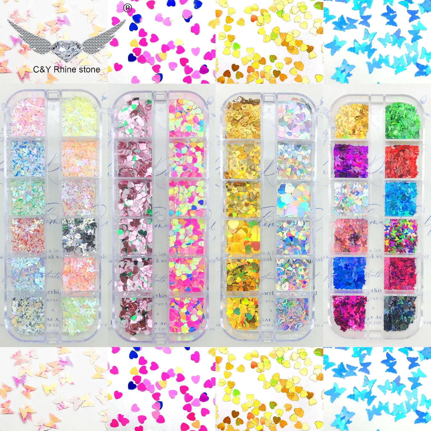 C&Y 12 Grids Box Butterfly Heart Glitter Mermaid Scale Halloween Nail Art Stickers Decals Nails