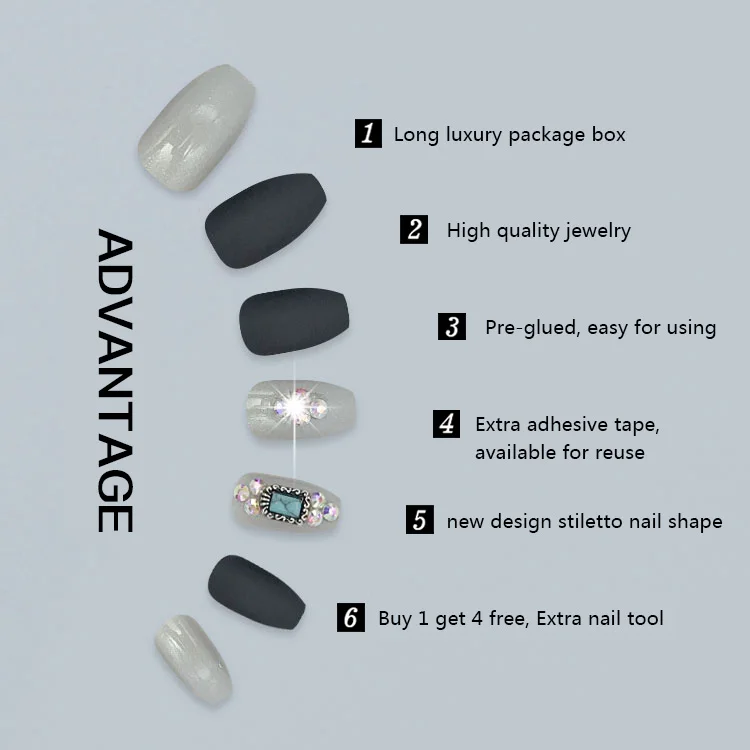 NEWAIR 24pcs/box luxury decorative jewel nails coffin shape glued artificial nail full cover pre glued nails color