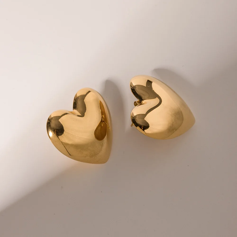 New Stainless Steel 18K Gold Plated Luxury Earring Women Big Huge Smoothly Heart Shape Earrings