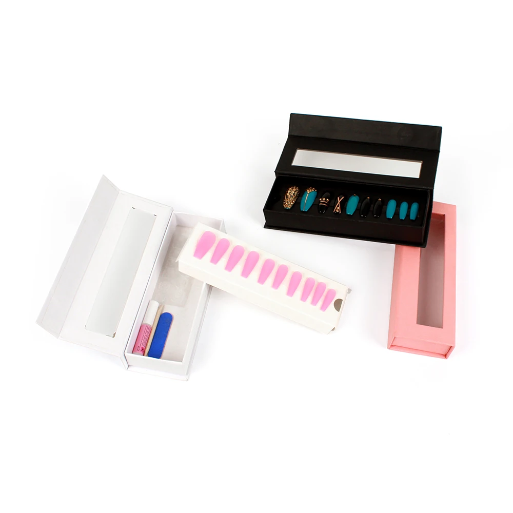 stock wholesale black white clear window artificial nail packaging for small business long nails false press on nail packaging