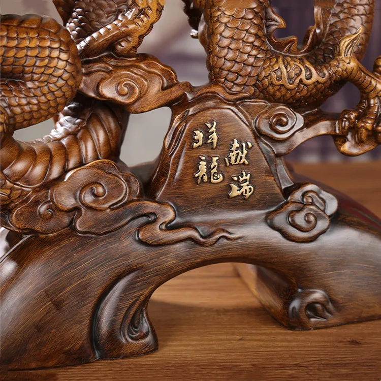 Wood Grain & Gilded Chinese Lucky Fengshui Resin Dragon Sculpture Craft Dragon Statue
