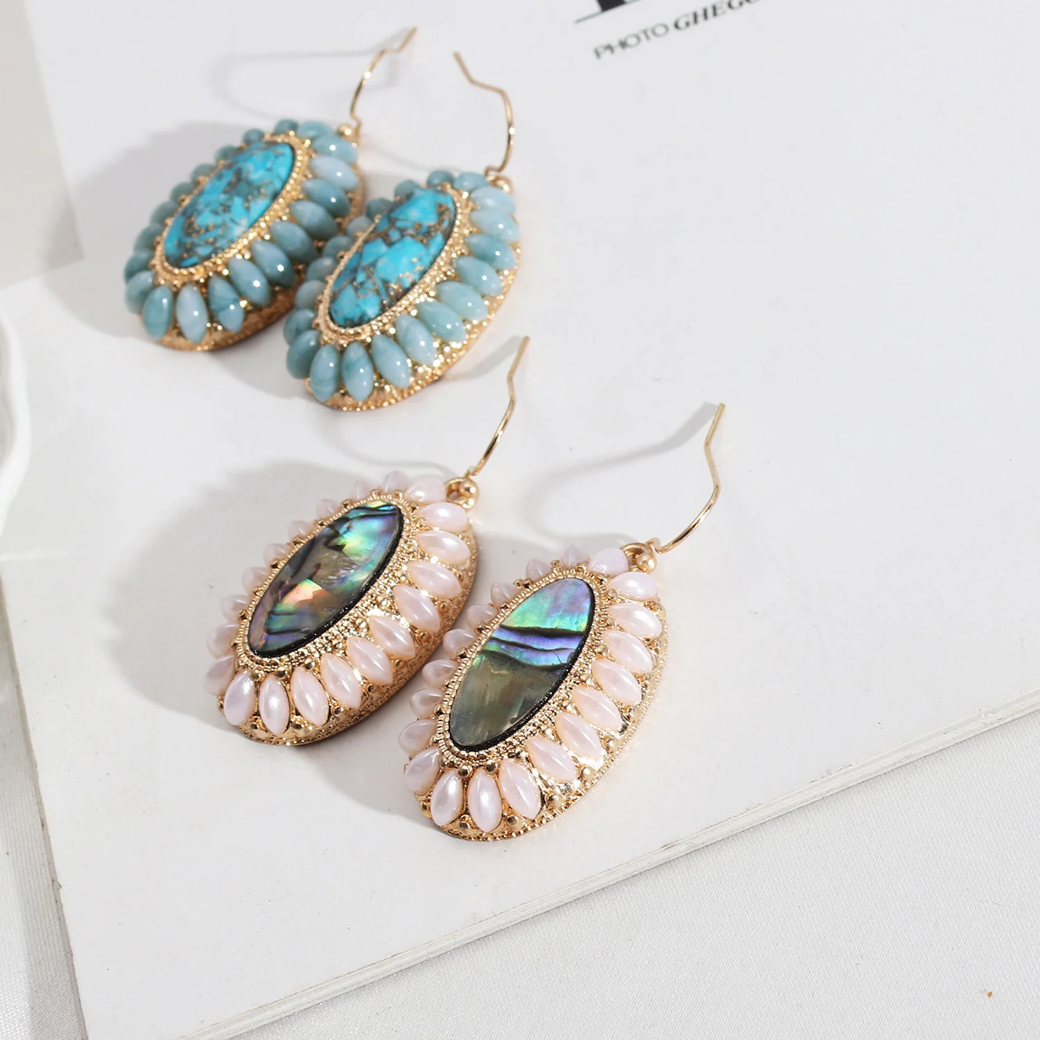2022 New Bohemian Vintage Abalone Shell Geometric Oval Pearl Inlaid Turquoise Earrings For Women