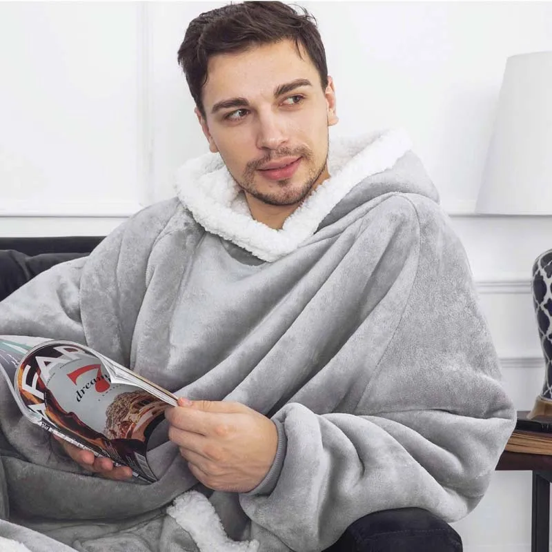 Wholesale Nature 100% Polyester Soft Plaid Adult Wearable Sherpa Fleece Oversized Hoodie Sweatshirt Hooded Blanket