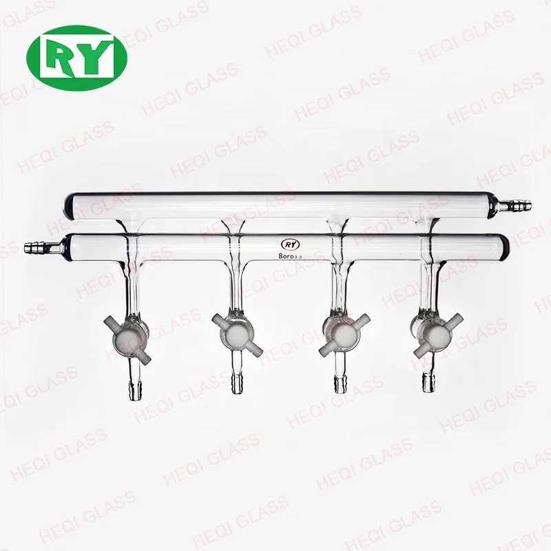 Glass Double Manifold Vacuum Gas Distributor for Schlenk Line with 4-Port Ptfe Stopcock
