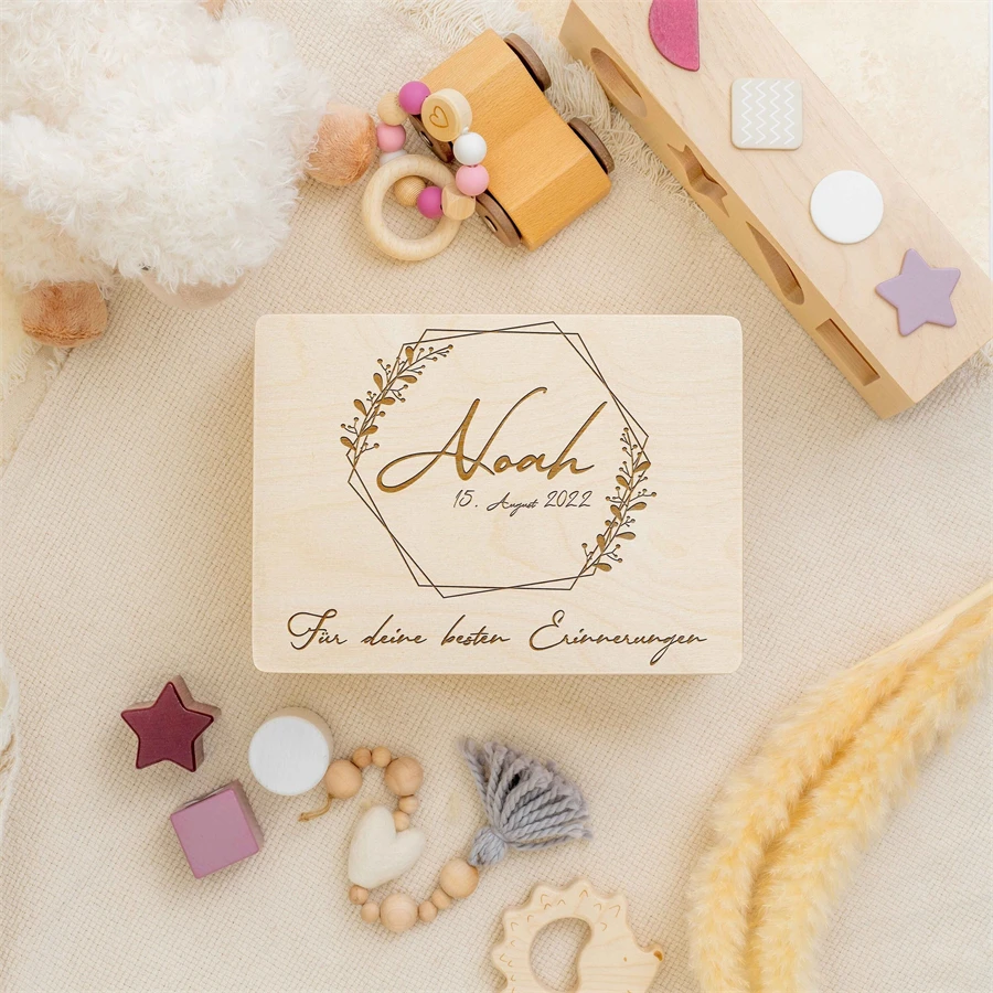Factory Wholesale Keepsake Personalized Baby Child Engrave Cute Memory Handmade Storage Hinged Lid Wooden Gift Box
