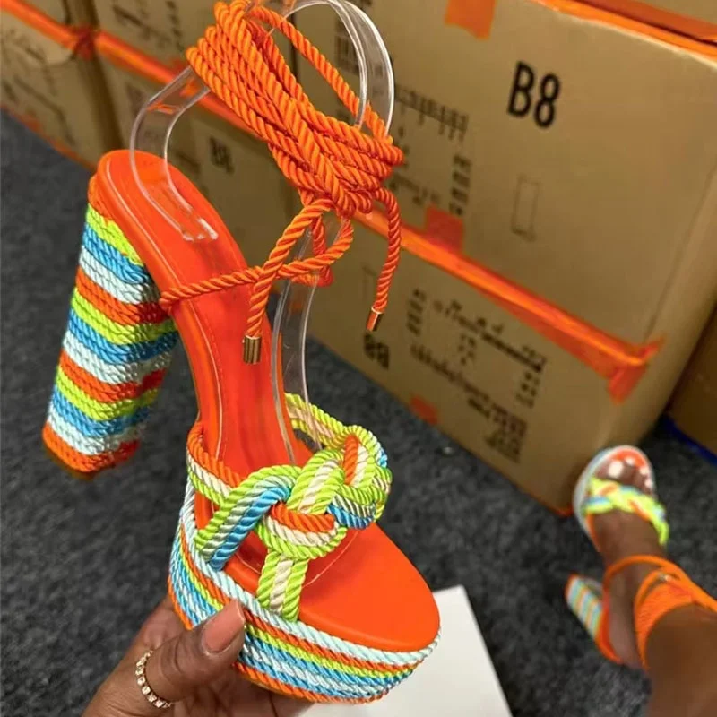 Hot Customized New Style Stiletto Open Toe Platform Sandals Colorful Rope Design Tie up Block Heels