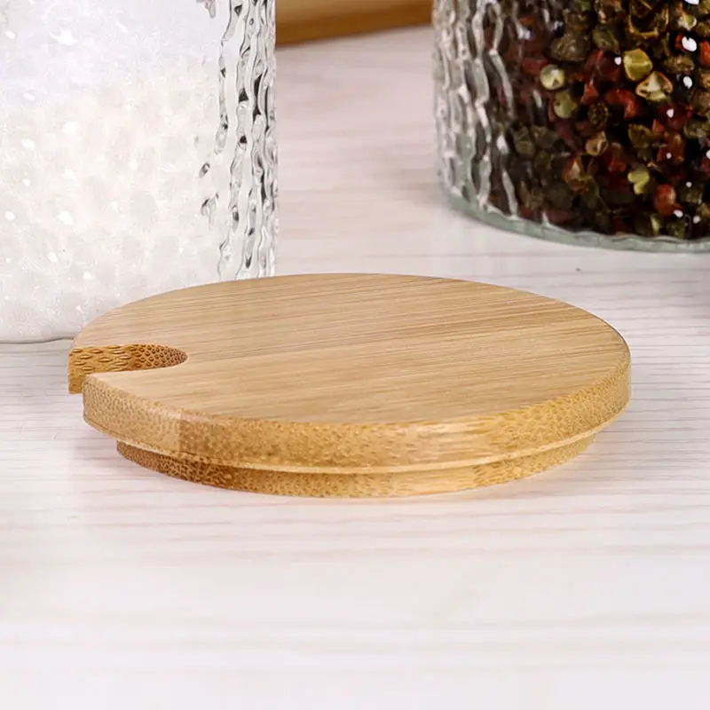 Wooden Container Storage Organizer Kitchen Glass Spice Jar Pepper Cruet Set With Bamboo Spoon Lid and Base