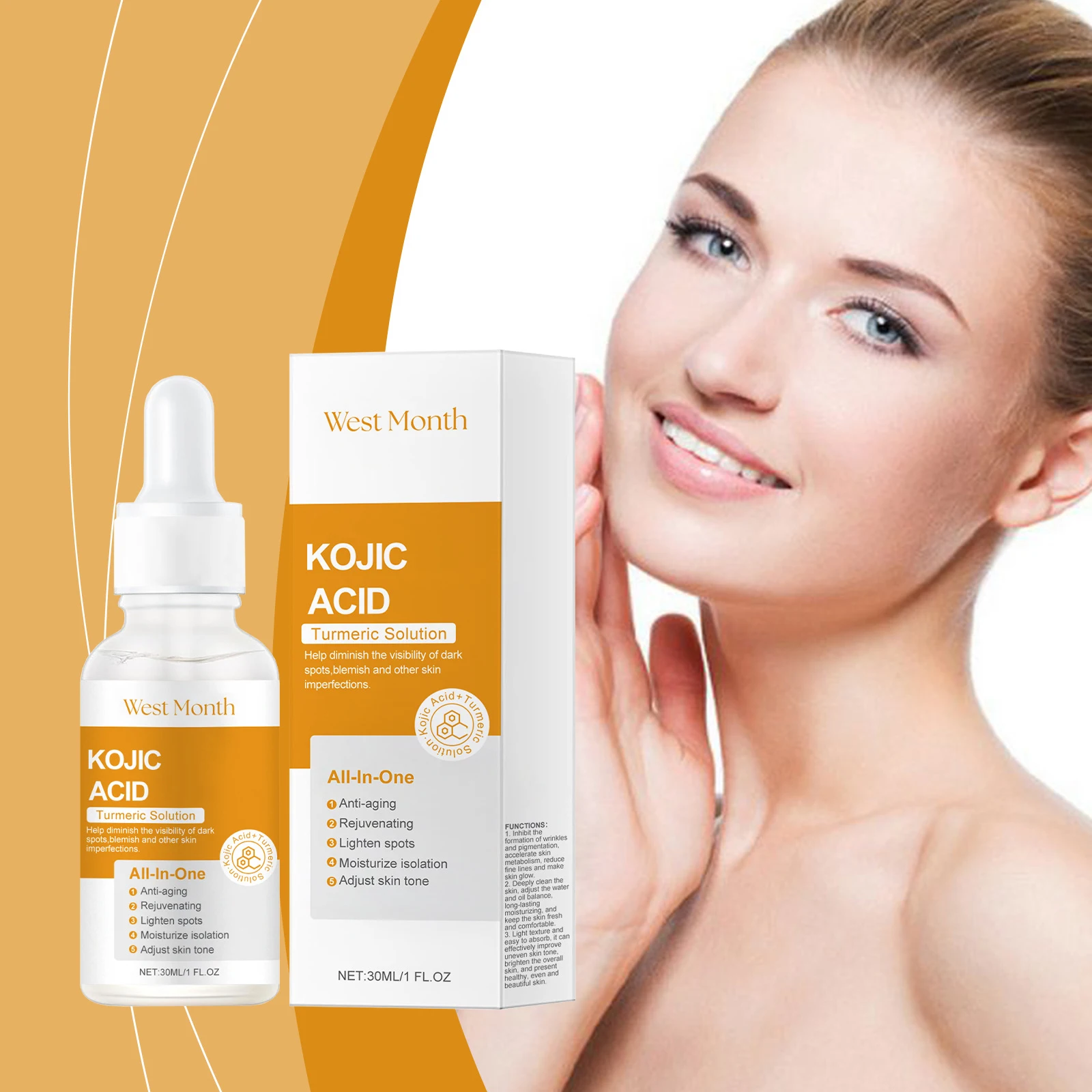 OEM ODM Turmeric Kojic Acid Face Serum Natural Skin Care Hydrating Moisturizer Whitening Kojic Acid Serum