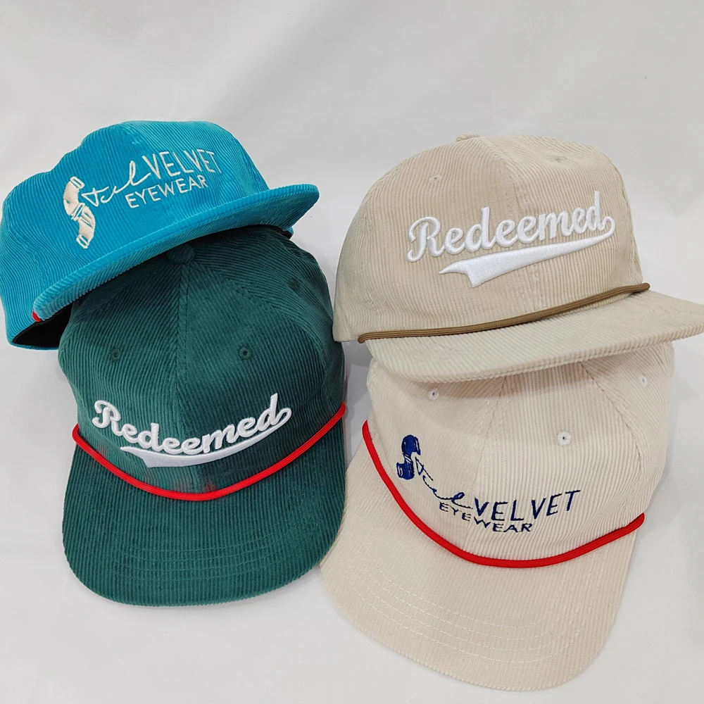 Vintage Custom Distressed 6-Panel Embroidery Gorras Unstructured Flat Bill Retro Snapback Caps for Men Corduroy Rope Design
