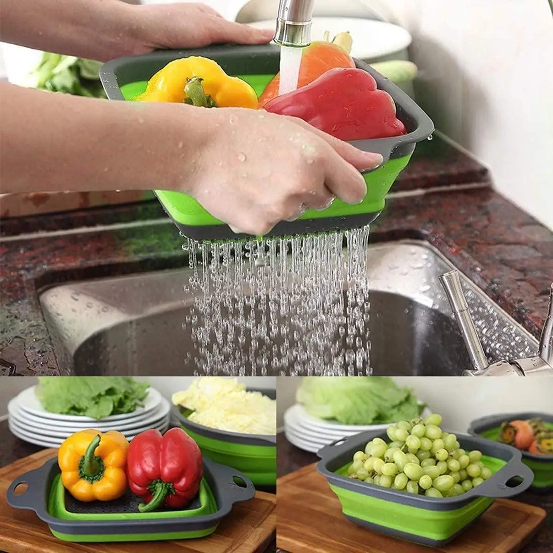 Collapsible Colander Set, Pasta Strainer Basket with Plastic Handles, Collapsible Strainers for Kitchen with  Handles