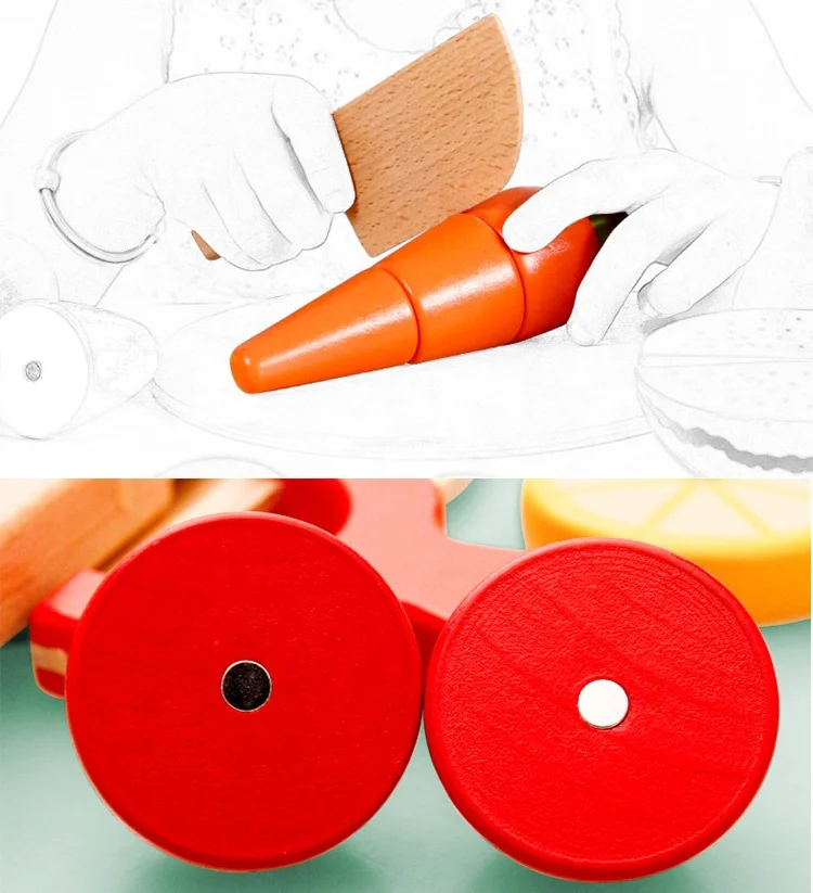 Wooden Cutting Cooking Food Sets Magnetic Wood Vegetables Fruits Pretend Play Kitchen Toy