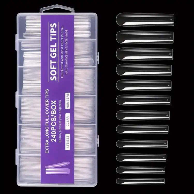240pcs Full Cover Long Coffin Gel Nail Tips Set Clear Acrylic Press On Nails with French Tips for Beautiful and Durable Manicure